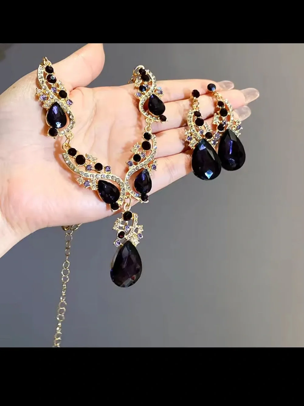 Vintage Purple Necklace and Earring Set with Black Teardrop Crystals
